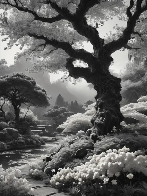 stunning black and white graphite sketch of cheery tree blossums in a Japanese garden, panoramic shot, from The Lord Of The Ring...