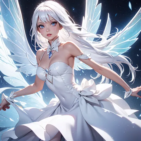 fairy wings, white hair, white dress, white eyes