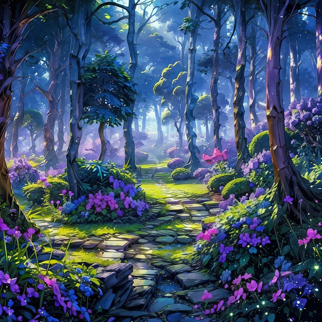 Masterpiece, best quality, 8K, high res, ultra-detailed,  amongst lush blue-purple greenery, no humans, beautiful view, ultra-detailed, fine detailed, highly detailed, intricate, highly detailed, ultra-detailed, scenery, no humans, misty atmosphere, solitary, intricate details, delicate features, verdant purple-blue trees, soft blue-purple moss, deep forest, intricate blue-purple leaves and vines, wisps of light, verdant blue-violet, surreal wild nature oil painting, nighttime, 