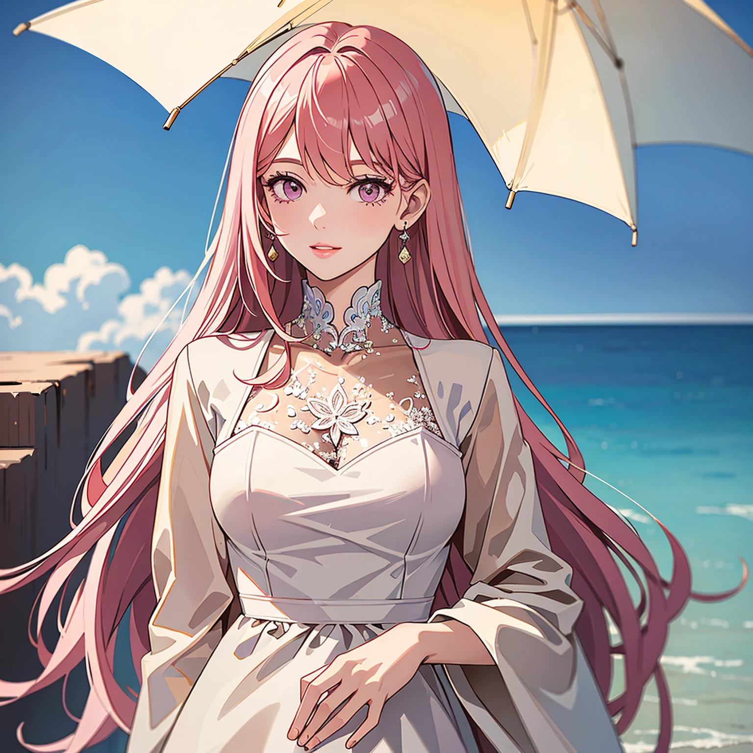 (masterpiece, high quality, 4k:1.4), 1girl, solo, pink hair, brown eyes, double-parted bangs, long hair, (mature female, mature:1.2), mole under eye, earrings, brown jacket, white dress, close up, detailed face, beautiful detailed eyes, beautiful detailed lips, extremely detailed face, long eyelashes, intricate details, cinematic lighting, warm color palette, dramatic lighting