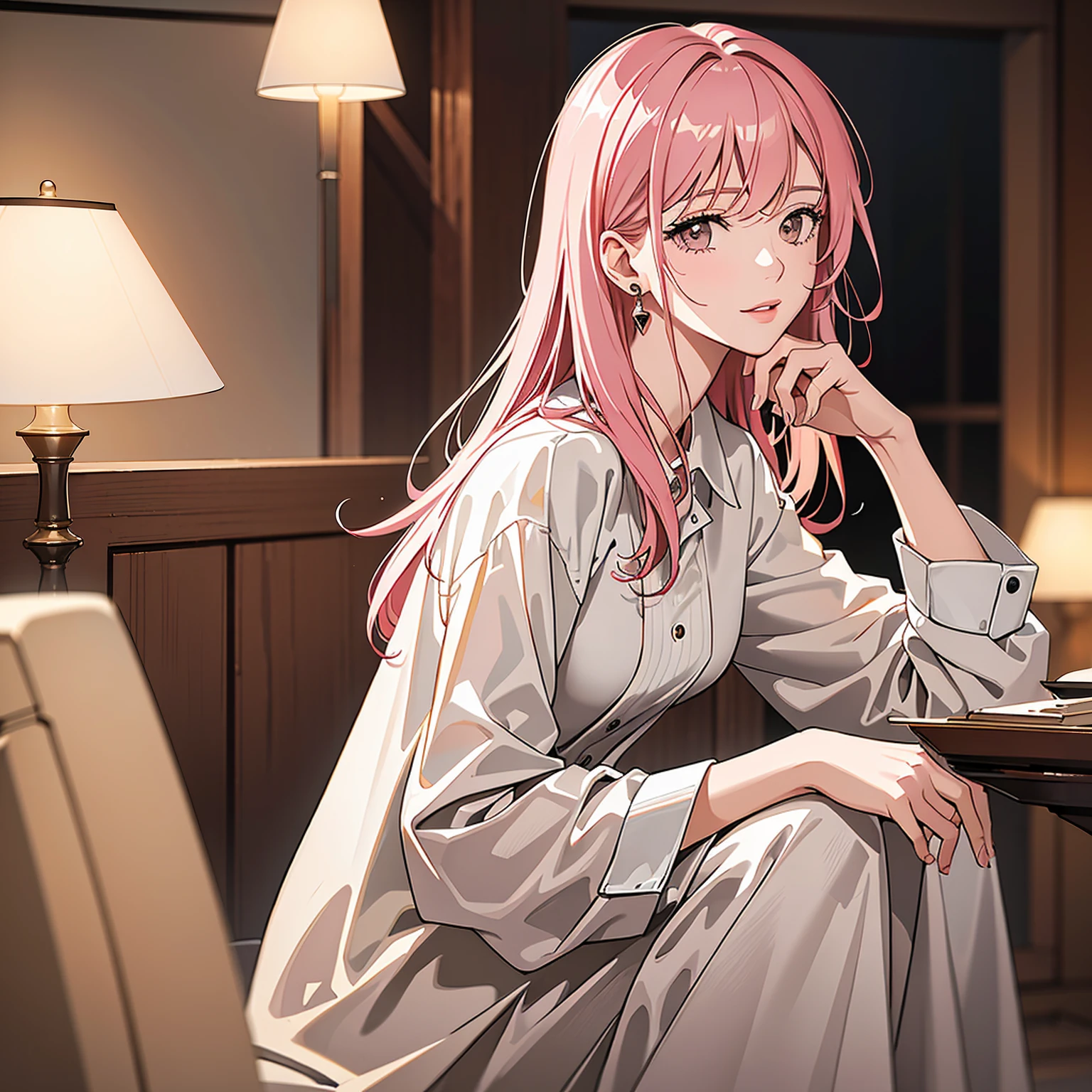 (masterpiece, high quality, 4k:1.4), 1girl, solo, pink hair, brown eyes, double-parted bangs, long hair, (mature female, mature:1.2), mole under eye, earrings, brown jacket, white dress, close up, detailed face, beautiful detailed eyes, beautiful detailed lips, extremely detailed face, long eyelashes, intricate details, cinematic lighting, warm color palette, dramatic lighting