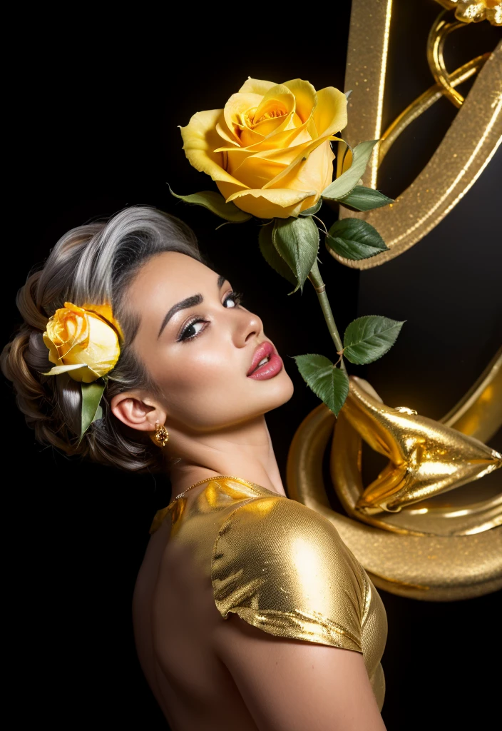 
Create a bud of dark gray and gold roses filled with yellow light emanating all around
