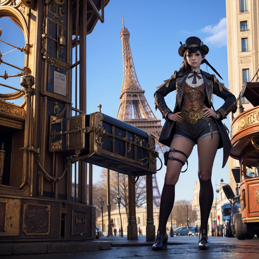 Garota vestida com armadura steampunk segurando uma espingarda steampunk em frente à Torre Eiffel