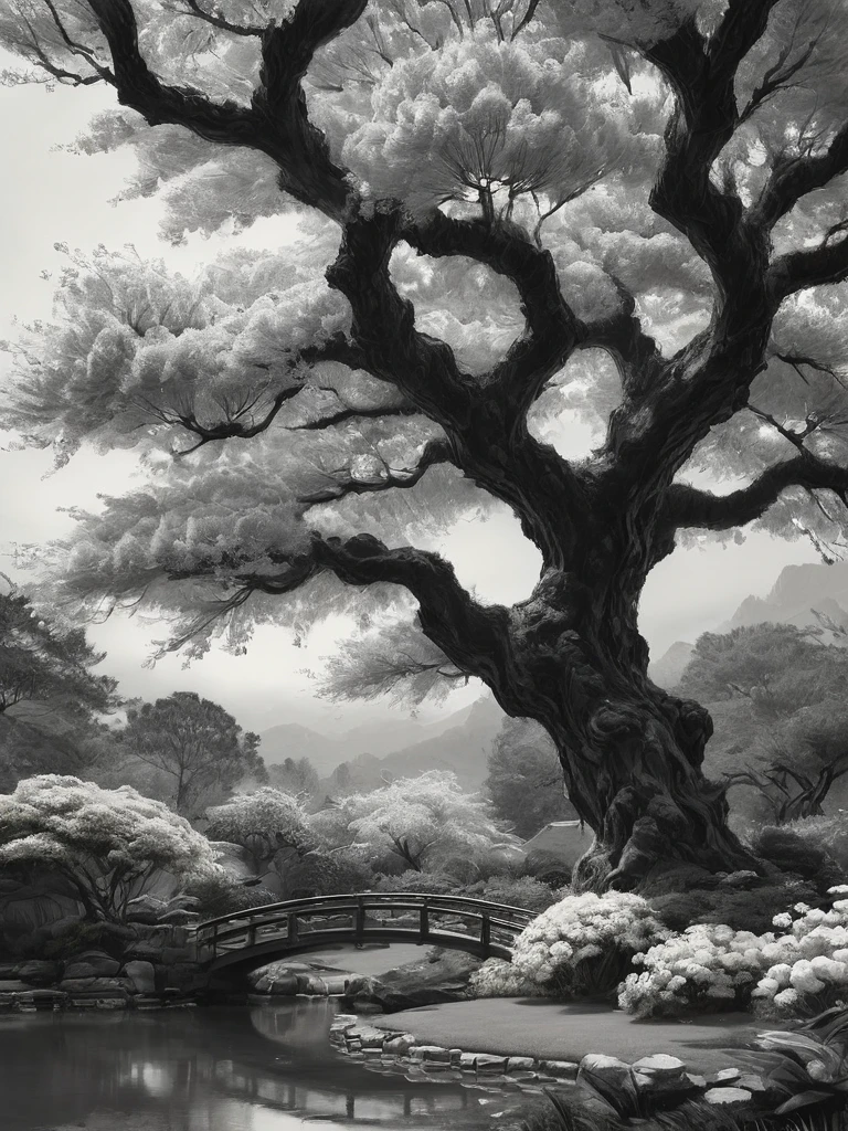 Impresionante boceto en grafito en blanco y negro de alegres flores de árboles en un jardín japonés, toma panorámica, de la trilogía de El Señor de los Anillos, en pose dinámica, por Anna Razumovskaya, (por Alyssa Monks:1.1), por José Lorusso, by Lilia Alvarado, hermosa iluminación, enfoque nítido, 8K, alta resolución, (pores:0.1), (sudoroso:0.8), obra maestra, nikon z9, fotografía premiada, --con 16:9 --estilo crudo --estilizar 750 --niji 6, composición perfecta, hermoso detallado intrincado increíblemente de