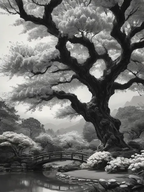 stunning black and white graphite sketch of cheery tree blossums in a Japanese garden, panoramic shot, from The Lord Of The Ring...