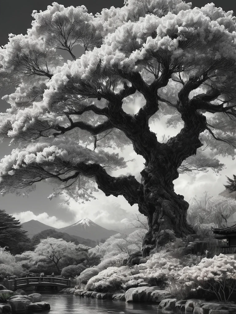 Impresionante boceto en grafito en blanco y negro de alegres flores de árboles en un jardín japonés, toma panorámica, de la trilogía de El Señor de los Anillos, en pose dinámica, por Anna Razumovskaya, (por Alyssa Monks:1.1), por José Lorusso, by Lilia Alvarado, hermosa iluminación, enfoque nítido, 8K, alta resolución, (pores:0.1), (sudoroso:0.8), obra maestra, nikon z9, fotografía premiada, --con 16:9 --estilo crudo --estilizar 750 --niji 6, composición perfecta, hermoso detallado intrincado increíblemente de