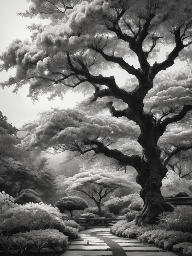 superbe croquis au graphite noir et blanc de fleurs d&#39;arbres joyeuses dans un jardin japonais, prise de vue panoramique, en pose dynamique, par Anna Razumovskaïa, (par Alyssa Monks:1.1), par Joseph Lorusso, par Lilia Alvarado, bel éclairage, netteté, 8k, haute résolution, (pores:0.1), (en sueur:0.8), chef-d&#39;œuvre, Nikon Z9, photographie primée, --avec 16:9 --style brut --styliser 750 --niji 6, composition parfaite, beau détaillé complexe incroyablement de