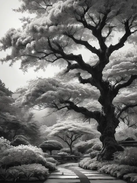 stunning black and white graphite sketch of cheery tree blossums in a Japanese garden, panoramic shot, in dynamic pose, by Anna ...