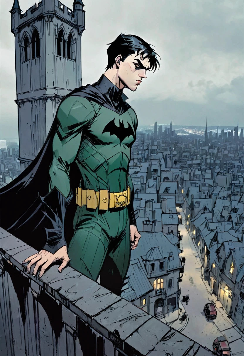 Generate art, pop culture style genre DC comics Batman type, drawning,
break,
A 20 year old young man, medium straight black hair, dark green eyes, DC vigilante dress, looking gloomy while looking down from a tower at a gothic-style city, Dark clothes,
break,
best angle, best view