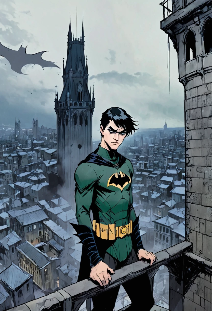 Generate art, pop culture style genre DC comics Batman type, drawning,
break,
A 20 year old young man, medium straight black hair, dark green eyes, DC vigilante dress, looking gloomy while looking down from a tower at a gothic-style city, Dark clothes,
break,
best angle, best view