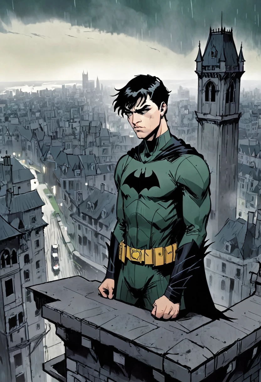 Generate art, pop culture style genre DC comics Batman type, drawning,
break,
A 20 year old young man, medium straight black hair, dark green eyes, DC vigilante dress, looking gloomy while looking down from a tower at a gothic-style city, Dark clothes,
break,
best angle, best view