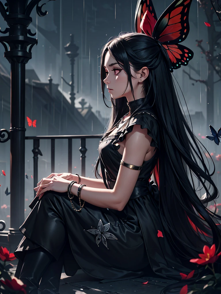 Close-up of girl, from side, sitting, blood, Very long hair, flipped hair, eyes visible through hair, hair over shoulder, white and black hair, two-tone hair, floating hair, Beautiful face, gloom expression, closed mouth, deep red eyes, white skin, Butterfly with body, hair bow, gem necklace, black Wings, bracelet, flower, beautiful detailed black gothic Empire Waist Dress, black footwear, torn clothes, Black markings print cloth, black Clothes, falling petals, fog, It was raining hard at night, extremely detailed, absurdres, wallpaper 8k CG,, lineart, monochrome