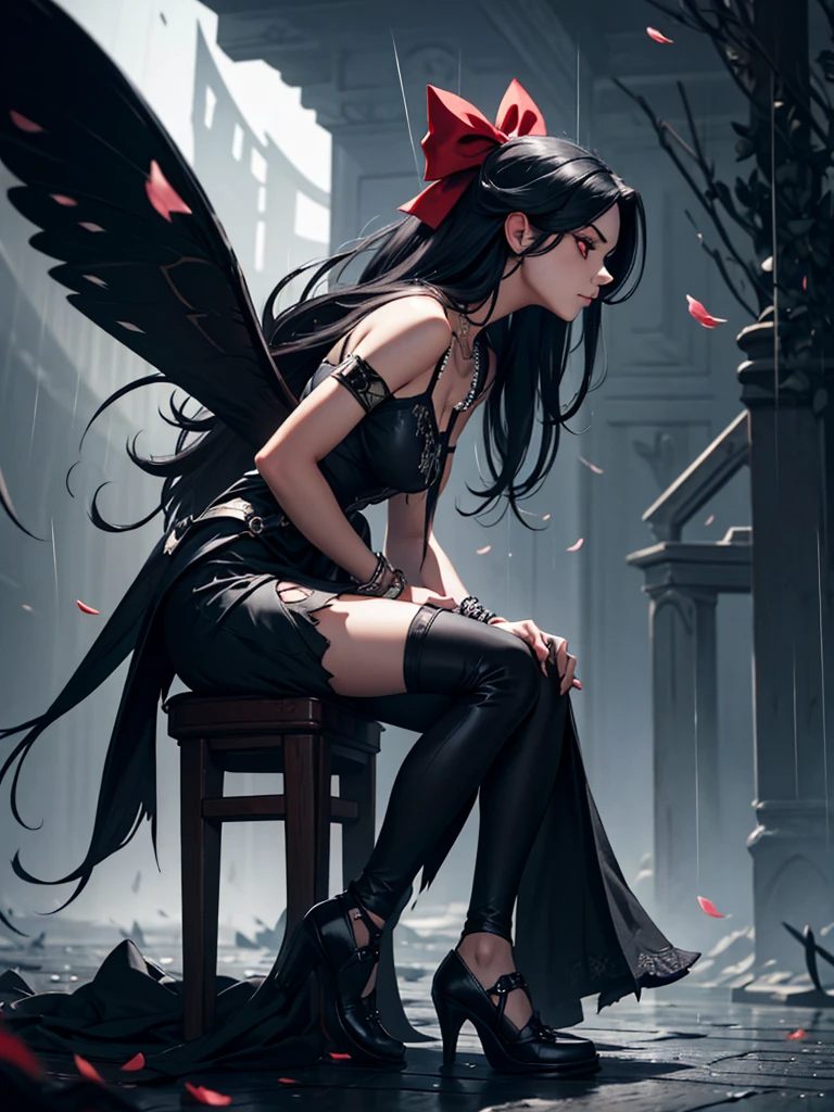 Close-up of girl, from side, sitting, blood, Very long hair, flipped hair, eyes visible through hair, hair over shoulder, white and black hair, two-tone hair, floating hair, Beautiful face, gloom expression, closed mouth, deep red eyes, white skin, Butterfly with body, hair bow, gem necklace, black Wings, bracelet, flower, beautiful detailed black gothic Empire Waist Dress, black footwear, torn clothes, Black markings print cloth, black Clothes, falling petals, fog, It was raining hard at night, extremely detailed, absurdres, wallpaper 8k CG,, lineart, monochrome