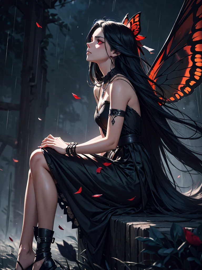 Close-up of girl, from side, sitting, blood, Very long hair, flipped hair, eyes visible through hair, hair over shoulder, white and black hair, two-tone hair, floating hair, Beautiful face, gloom expression, closed mouth, deep red eyes, white skin, Butterfly with body, hair bow, gem necklace, black Wings, bracelet, flower, beautiful detailed black gothic Empire Waist Dress, black footwear, torn clothes, Black markings print cloth, black Clothes, falling petals, fog, It was raining hard at night, extremely detailed, absurdres, wallpaper 8k CG,, lineart, monochrome