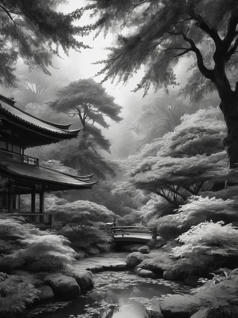 Un magnifique croquis au graphite en noir et blanc de temples japonais dans un jardin japonais, prise de vue panoramique, en pose dynamique, par Anna Razumovskaïa, (par Alyssa Monks:1.1), par Joseph Lorusso, par Lilia Alvarado, bel éclairage, netteté, 8k, haute résolution, (pores:0.1), (en sueur:0.8), chef-d&#39;œuvre, Nikon Z9, photographie primée, --avec 16:9 --style brut --styliser 750 --niji 6, composition parfaite, beau détaillé complexe incroyablement de