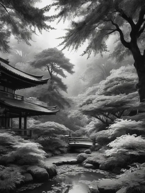 stunning black and white graphite sketch of Japanese teples in a Japanese garden, panoramic shot, in dynamic pose, by Anna Razum...