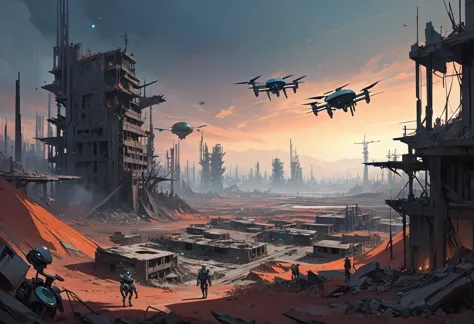 large minimalist landscape, futuristic atmosphere, dead world theme, polluted world, destroyed minimalist city with unfinished b...