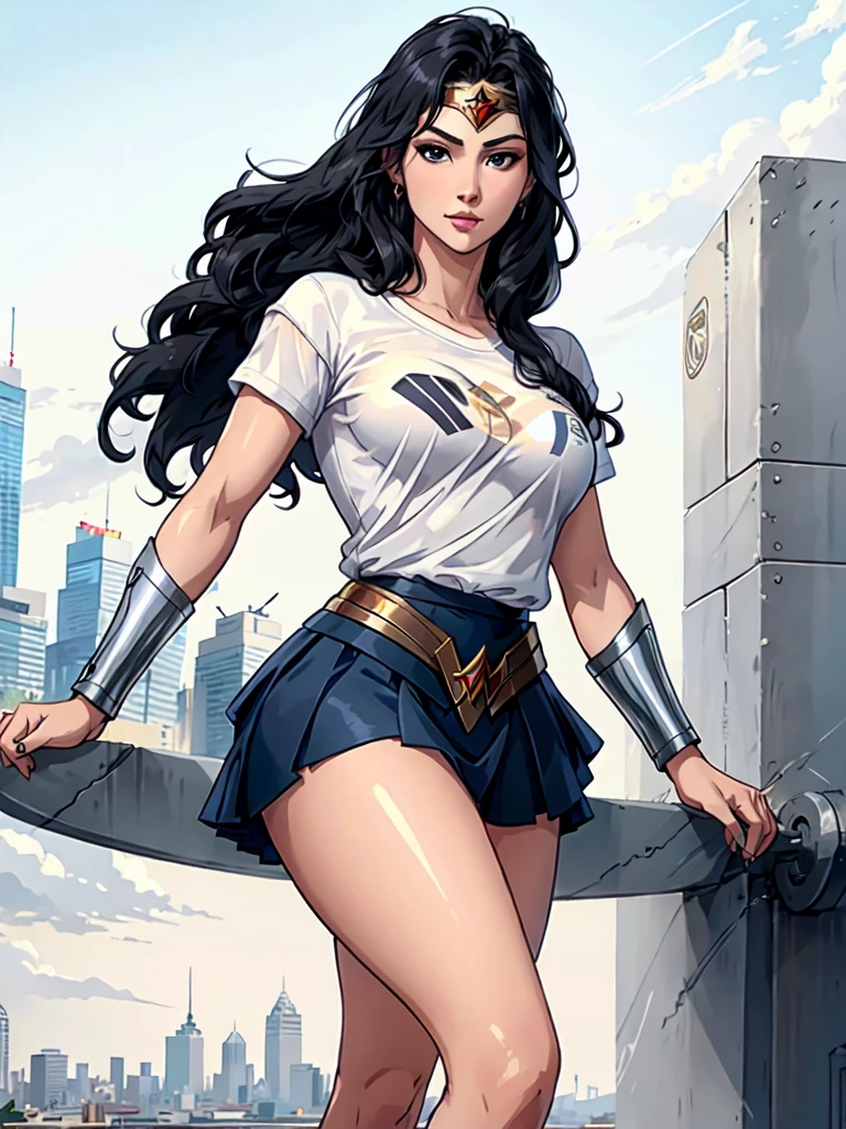 wonder woman, ((wearing a white Real Madrid tshirt)), (pretty face:1.2), (finely detailed face and beautiful eyes), mature female, muscle, bare hands, (armlet, blue armor skirt, bracer, head ring ), (black eyes, black long hair, messy hair, floating hair), ((white Real Madrid tshirt)), (long proportional legs), (best quality:1.1),(city background:1.2), dark_fantasy,, ((masterpiece)), 