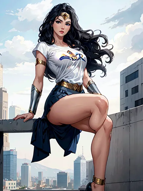 wonder woman, ((wearing a white Real Madrid tshirt)), (pretty face:1.2), (finely detailed face and beautiful eyes), mature femal...