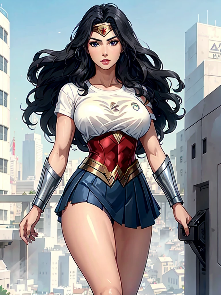 wonder woman, ((wearing a white Real Madrid tshirt)), (pretty face:1.2), (finely detailed face and beautiful eyes), mature female, muscle, bare hands, (armlet, blue armor skirt, bracer, head ring ), (black eyes, black long hair, messy hair, floating hair), ((white Real Madrid tshirt)), (long proportional legs), (best quality:1.1),(city background:1.2), dark_fantasy,, ((masterpiece)), 