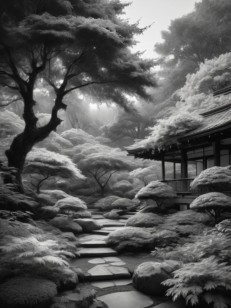 Impresionante boceto en grafito en blanco y negro de teples japoneses en un jardín japonés., toma panorámica, en pose dinámica, por Anna Razumovskaya, (por Alyssa Monks:1.1), por José Lorusso, by Lilia Alvarado, hermosa iluminación, enfoque nítido, 8K, alta resolución, (pores:0.1), (sudoroso:0.8), obra maestra, nikon z9, fotografía premiada, --con 16:9 --estilo crudo --estilizar 750 --niji 6, composición perfecta, hermoso detallado intrincado increíblemente de