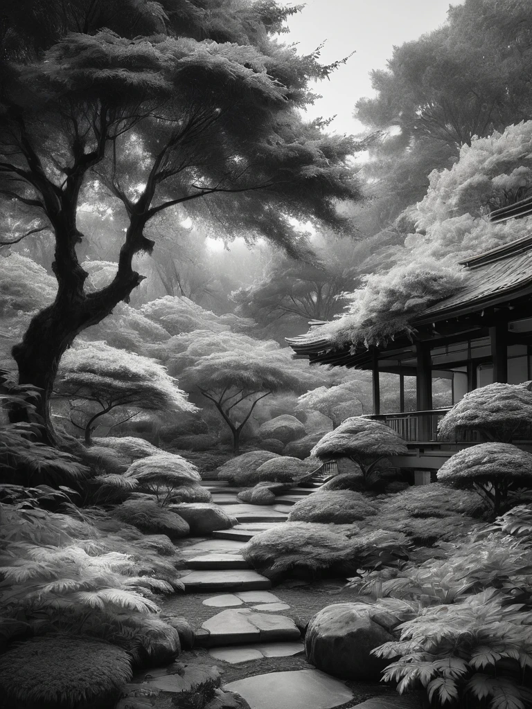 Un magnifique croquis au graphite en noir et blanc de temples japonais dans un jardin japonais, prise de vue panoramique, en pose dynamique, par Anna Razumovskaïa, (par Alyssa Monks:1.1), par Joseph Lorusso, par Lilia Alvarado, bel éclairage, netteté, 8k, haute résolution, (pores:0.1), (en sueur:0.8), chef-d&#39;œuvre, Nikon Z9, photographie primée, --avec 16:9 --style brut --styliser 750 --niji 6, composition parfaite, beau détaillé complexe incroyablement de