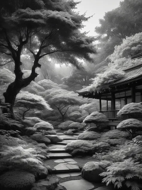 stunning black and white graphite sketch of Japanese teples in a Japanese garden, panoramic shot, in dynamic pose, by Anna Razum...
