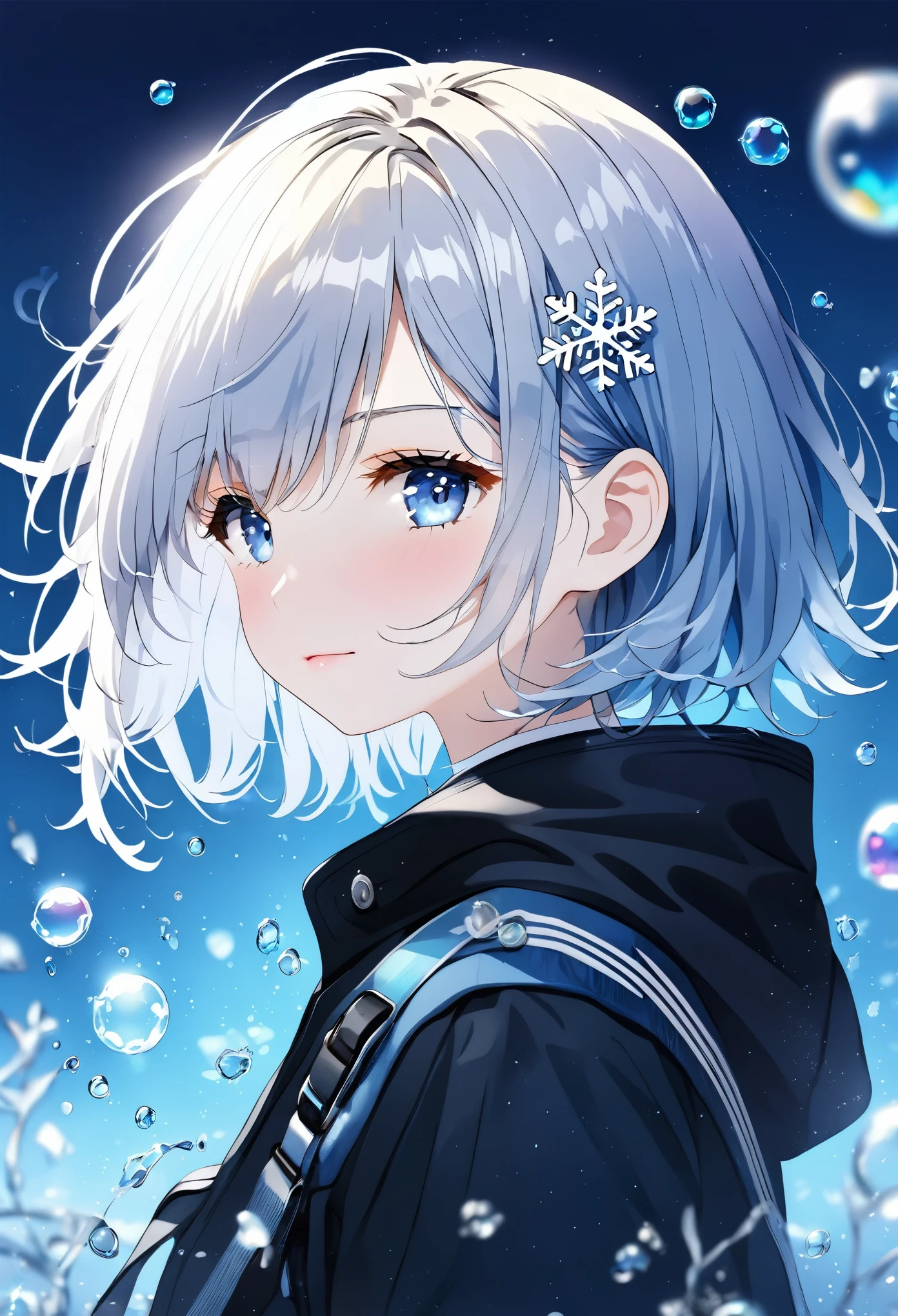 ((Highest quality)), ((masterpiece)), ((Ultra-detailed)), (Very delicate and beautiful), With a girl, solo, Cold attitude,((Black jacket)),She is very(relax)with(Calm)Appearance,Black-haired, Depth of written boundary,Wicked Smile,bubble, Underwater, Air bubbles,bright light blue eyes,Light grey hair with light blue tips and inner color,,,,,,,,,,,,,,Cold Background,Bob Hair - Line Drawing, Shorts、Knee-high socks、Like a white uniform 、Light blue ribbon tie、The clothes are transparent、Put your hands in your pockets、Eyes as bright as sapphires,Frontless Blue, A small blue light was floating、Upward glance、Broken glass、Snowflake hair ornament