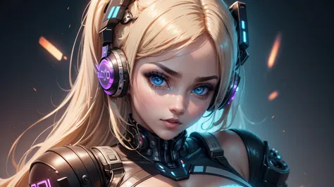 a close up of a woman dj.  in a futuristic outfit with headphones on, cyber school girl, cyber suit, perfect android girl, cyber...