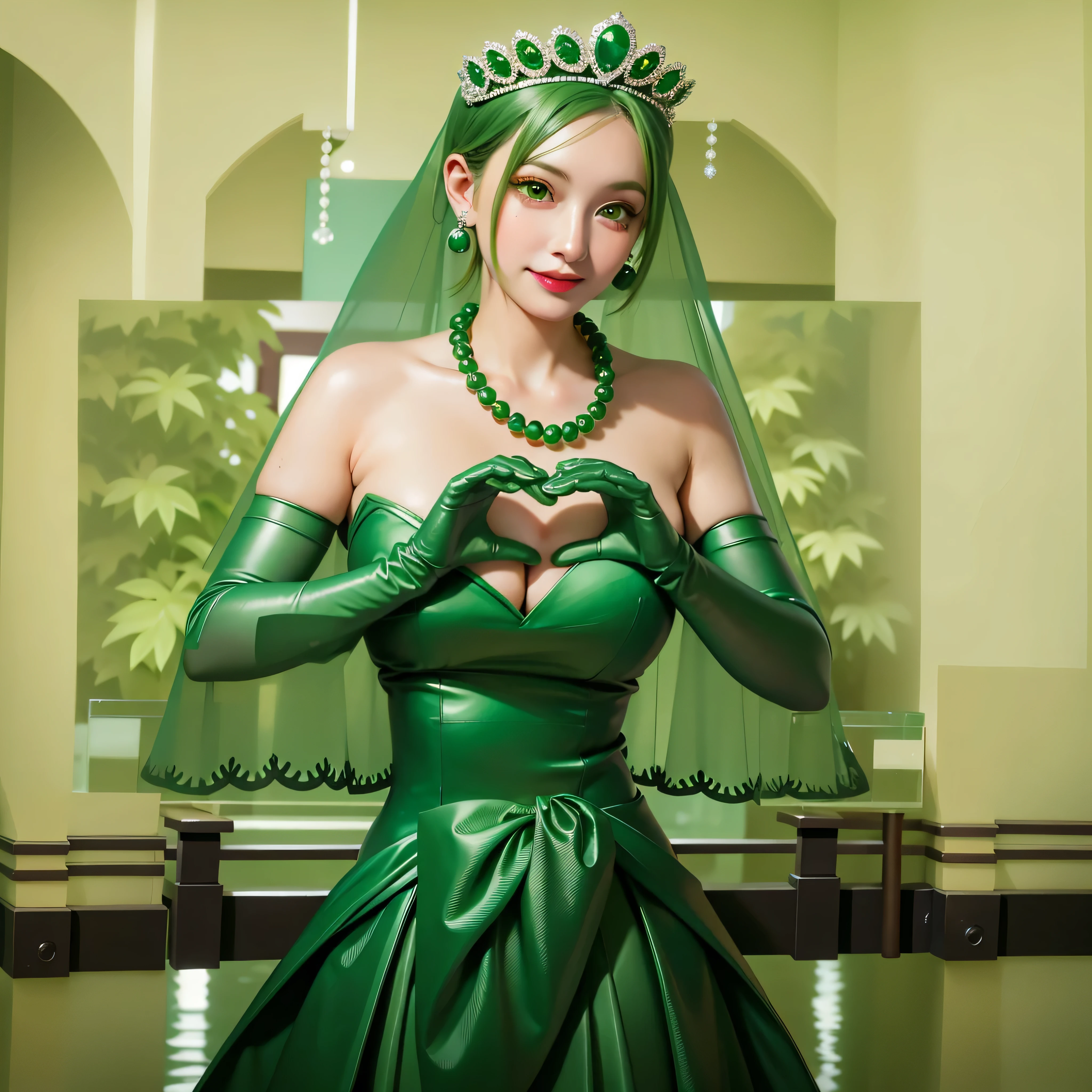 emerald tiara, Green Pearl Necklace, Boyish very short green hair, Green Lips, Smiling Japanese woman, Very short hair, Busty beautiful lady, Green Eyes, Green satin long gloves, Green Eyes, Emerald Earrings, Green veil, Heart with both hands, Green Hair, Beautiful Japanese Women, Heart shaped hands:1.3, green lip gloss