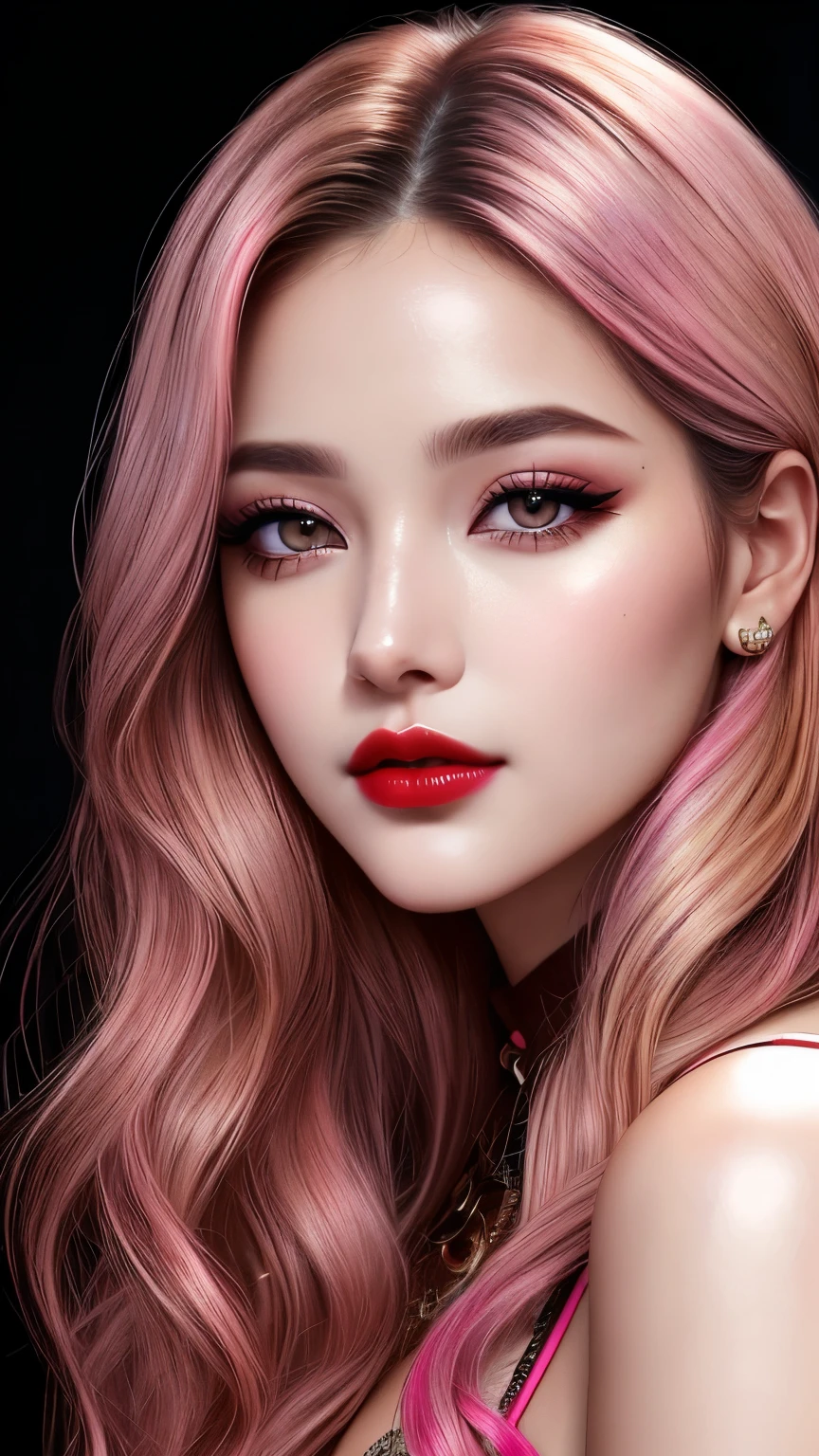 Ultra-realistic movie master pie with ultra-detailed primetime portraits, high quality, 8K, table top, Ultra HD), 1 girl 25 years old、Nude, fashion supermodel, ((Random style and color hair)), masterpiece, high quality, high quality, High resolution、(close up of face), black_mascara put in Long eyelashes:1.5, dark (eyesshadows:1.25), (Glossy) red_lips:1.44, ((brown_eyes)), iridescent eyes, vibrant eyes:1.2, high contrast, pink shot:1.175