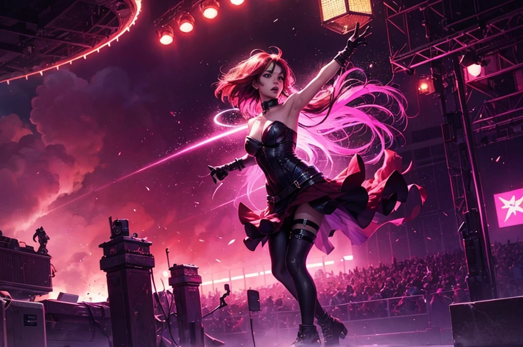 splash art, riot games, original art, 1 women, 4k, singing, ((low pov)), low shot, low angle, ((dynamic angle)), ((visual effect)), ultra realistic, ((dark)),  dark environment with neon lighting, neon, big stadium concert venue, singer, rockstar, concert, beautiful lighting effect, sexy, (((seductive))), speed movement, magic, ultra detailed, red medium hair, sexy black dress, strapless tube top dress, beutiful pose, cinematic, action.