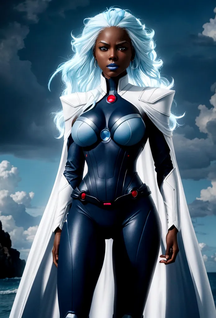 Full-body centered image of Storm, X-Men superheroine, a black woman, with healthy, well-groomed skin tone. Storm has a thin but...