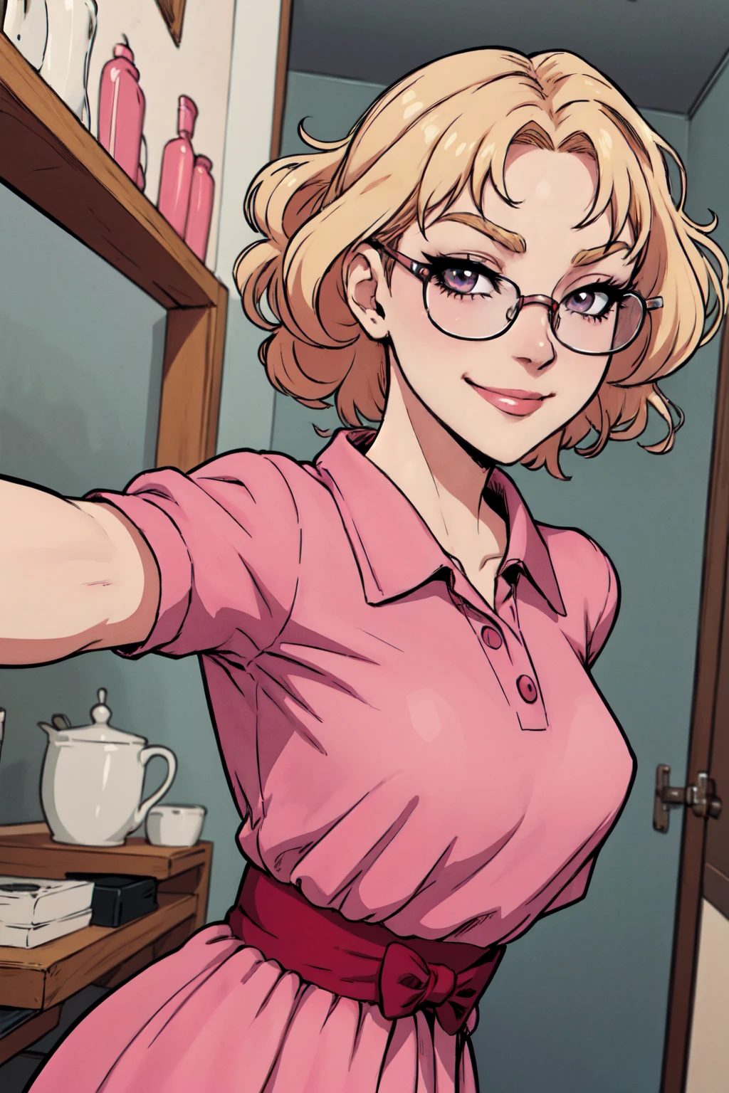 {-erro_de_anatomia:1.0}(best quality,4k,8k,highres,masterpiece:1.2) Anime girl tuxedo with curly hair,  blond hair and round gold glasses, rose gold eyes. Guviz style art, attractive detailed art style, Charlie Bowater Style, 1 7 - year - old cute anime girl, detailed manga style, detailed anime character art, germ of art. High detail, stunning manga art style. Rose dress. (pink dress) . Wearing rose gold Victorian clothing, dynamic poses, smile. Different Pose, upper body