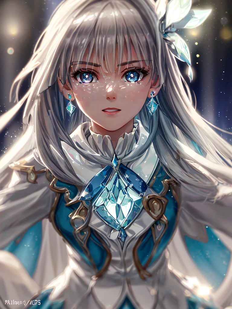 masterpiece, best quality, illustration, sax blue, platinum earrings, platinum necklace, white dress, cute, (dynamic lighting:1.2), cinematic lighting, delicate facial features, detailed eyes, sharp pupils, realistic pupils, depth of field, bokeh, sharp focus, (hyper-detailed, bloom, glow:1.4), many small gems