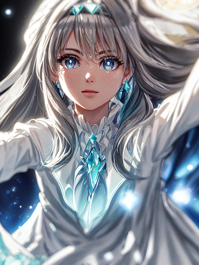 masterpiece, best quality, illustration, sax blue, platinum earrings, platinum necklace, white dress, cute, (dynamic lighting:1.2), cinematic lighting, delicate facial features, detailed eyes, sharp pupils, realistic pupils, depth of field, bokeh, sharp focus, (hyper-detailed, bloom, glow:1.4), many small gems