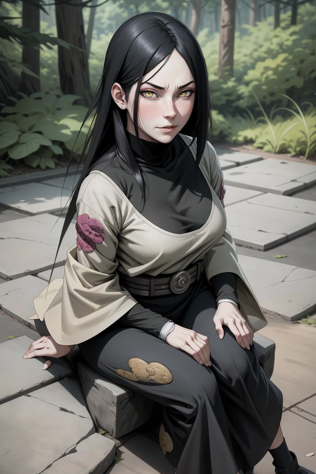 {-erreur_de_anatomie:1.0} style animé, chef-d&#39;œuvre, absurdités, Orochimaru\(Naruto\), 1 fille solo, femme mature, Chemise oversize à larges épaules, composition parfaite, détaillé lips, gros seins, Beau visage, Proportion du corps, rougir, Long cheveux noirs, ( cheveux noirs), les yeux jaunes, (Sexy), Gaze douce, super réaliste, détaillé, séance photo, Visages et corps réalistes, chef-d&#39;œuvre, Meilleure qualité, Meilleure illustration, hyper détaillé, 1 fille, seulement, glamour, rougir, tout le corps, assis par terre, sur la nature, poses dimaniques