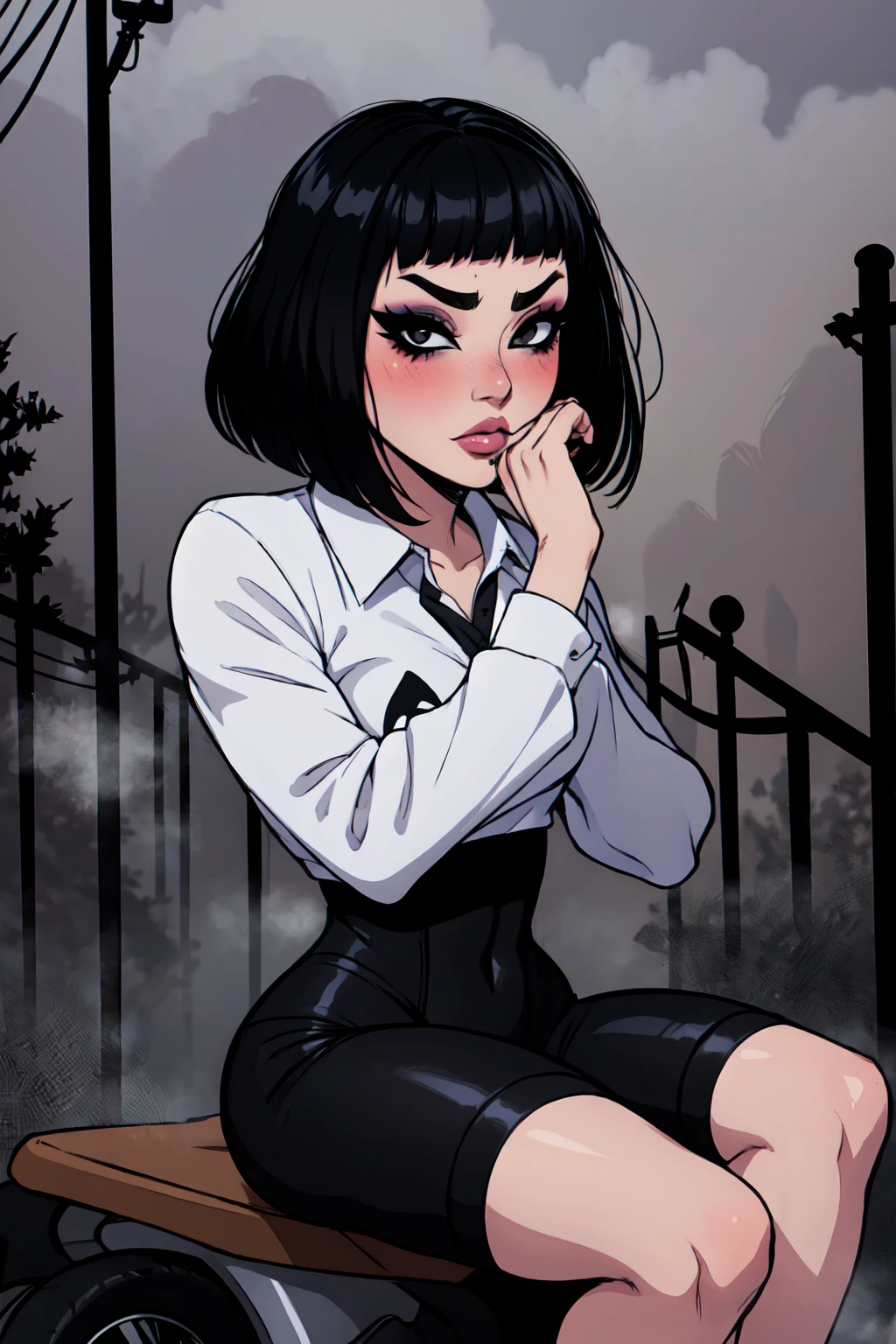 1girl, FengMin, solo, skinny, black eyes, asian eyes, eyeliner, looking at viewer, lips, black bob cut, blunt bangs, blush, , sitting on the motocicle, dinamic poses, whole body, face focus, outdoors, horror \(theme\), night, fog egirlmakeup,