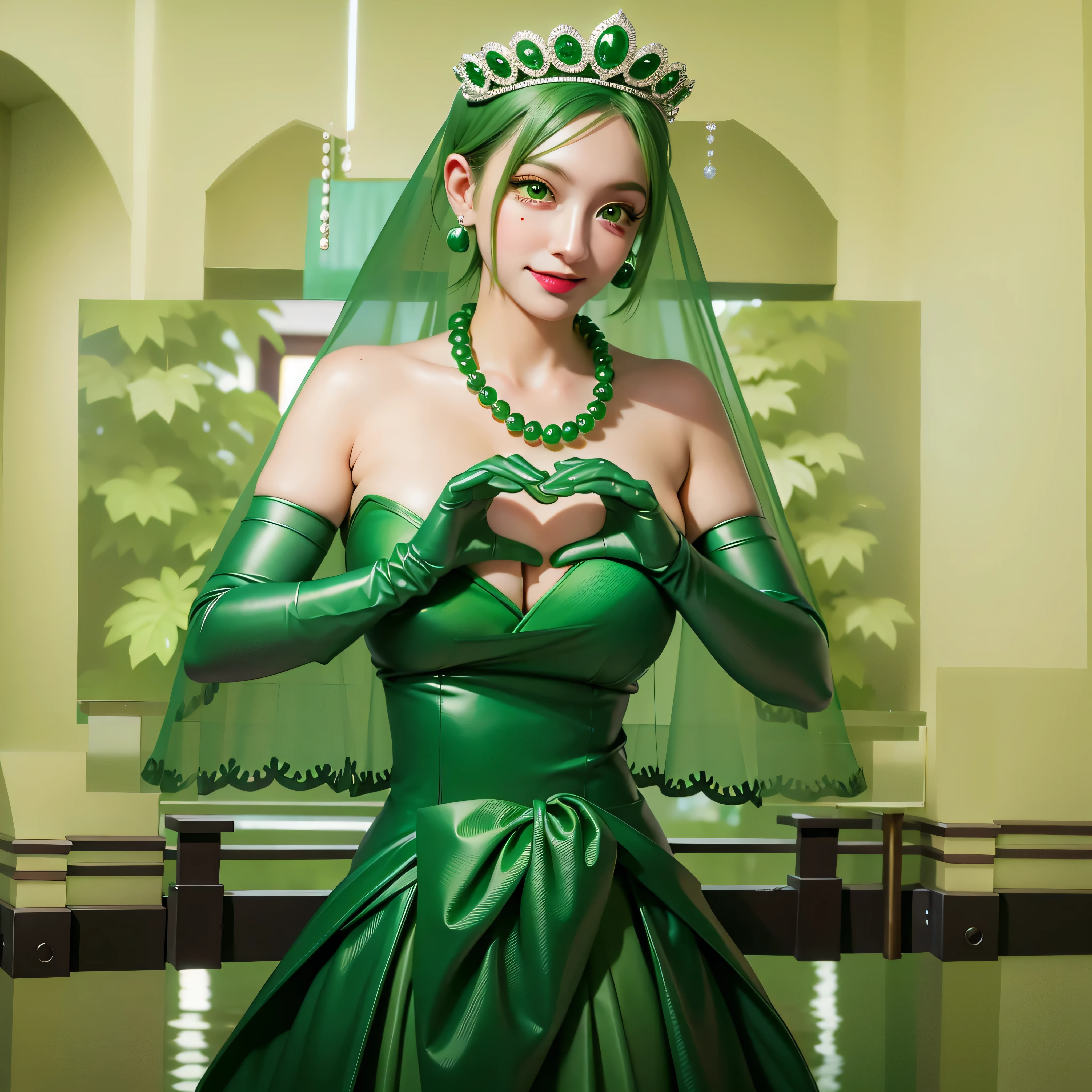 emerald tiara, Green Pearl Necklace, Boyish very short green hair, Green Lips, Smiling Japanese woman, Very short hair, Busty beautiful lady, Green Eyes, Green satin long gloves, Green Eyes, Emerald Earrings, Green veil, Heart with both hands, Green Hair, Beautiful Japanese Women, Heart shaped hands:1.3, green lip gloss