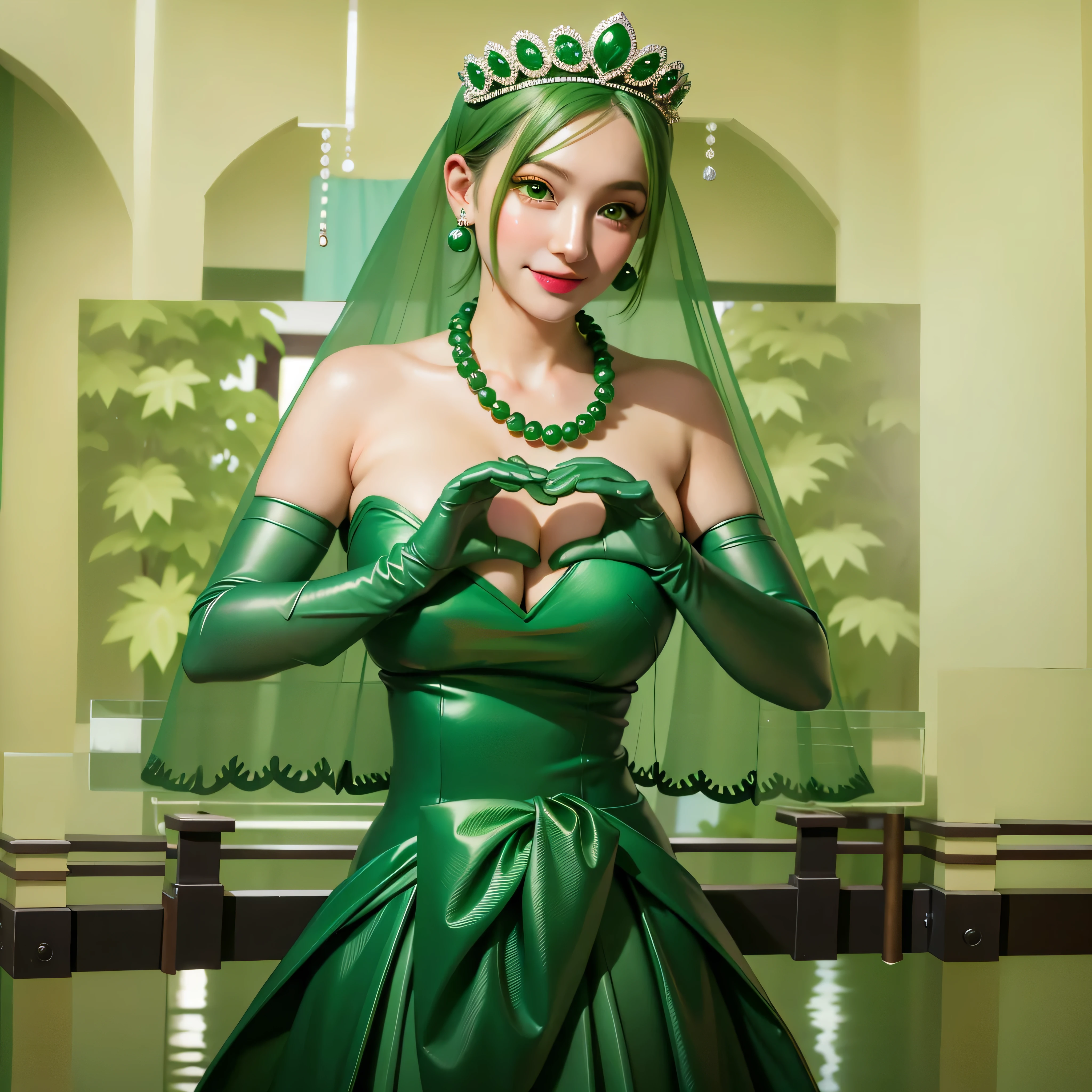 emerald tiara, Green Pearl Necklace, Boyish very short green hair, Green Lips, Smiling Japanese woman, Very short hair, Busty beautiful lady, Green Eyes, Green satin long gloves, Green Eyes, Emerald Earrings, Green veil, Heart with both hands, Green Hair, Beautiful Japanese Women, Heart shaped hands:1.3, green lip gloss