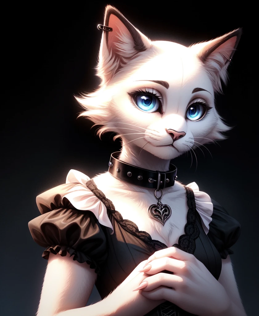 Ragdoll cat,furry,female,(beautiful and fluffy fur,fluffy and cute cat:1.1),SFW,(elegant and mysterious style,stylish gothic fashion:1.2), (dark and atmospheric ambiance:1.1),gothic collar,moonlit background,dramatic lighting,soft and gentle expression, piercing blue eyes,strong contrast,subtle shadows,detailed whiskers,sculpted paws,vivid colors,pastel tones,subtle gradients con collar dama felina llamada mina Roswell