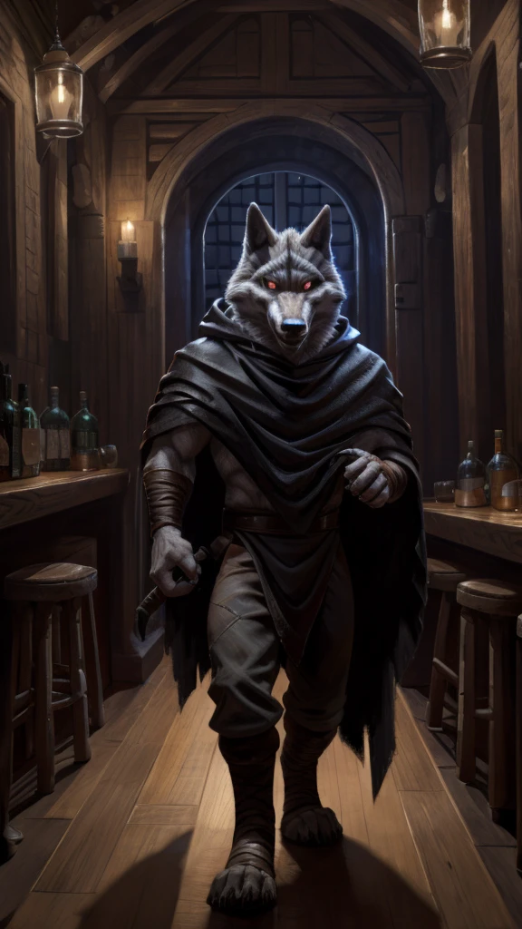 
There is the death of Puss in Boots 2, he is wearing the black death cape and is holding two scythes in his hands, he is whistling, he is in a bar at night (an old bar), he is a gray wolf with eyes red