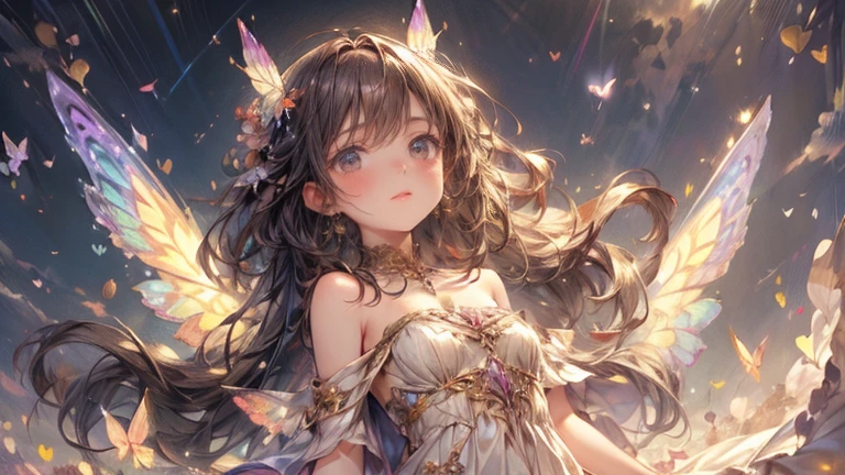 view from  above, masterpiece, highest quality, 8k, highres, beautiful highest details, flower garden, soft sunlight, butterfly spirit girl, yellow dress, bare shoulder, strapless, tears, rainbow butterfly wings:1.2, flying sky:1.2, view from below, delicate eyes, sparkling eyes, bright rosy lips, gentle smile, look up at sky, 