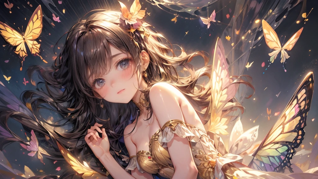 view from  above, masterpiece, highest quality, 8k, highres, beautiful highest details, flower garden, soft sunlight, butterfly spirit girl, yellow dress, bare shoulder, strapless, tears, rainbow butterfly wings:1.2, flying sky:1.2, view from below, delicate eyes, sparkling eyes, bright rosy lips, gentle smile, look up at sky, 