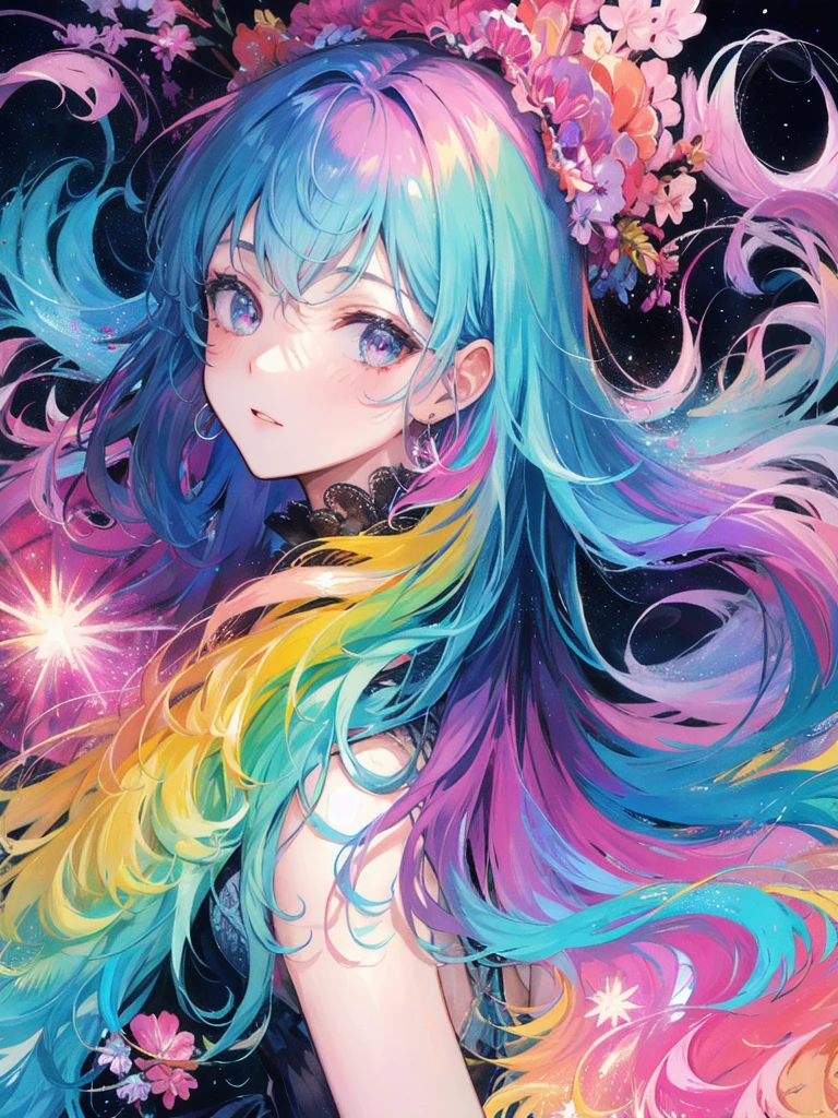 (masterpiece, top quality, best quality,watercolor (medium),official art, beautiful and aesthetic:1.2),(1girl:1.3), (fractal art:1.3),upper body, from side, looking at viewer,patterns,(rainbow color Hair,colorful hair,half blue and half pink hair:1.2),water,liquid, cloud,colorful, starry,stars, hatsune miku