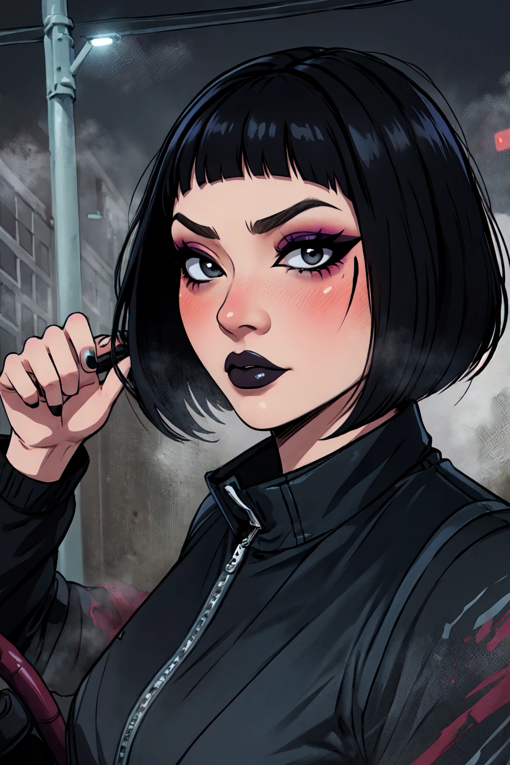 1girl, FengMin, solo, skinny, black eyes, asian eyes, eyeliner, looking at viewer, lips, black bob cut, black jacket, blunt bangs, blush, , driving on the motocicle, dinamic poses, whole body, face focus, outdoors, horror \(theme\), night, fog egirlmakeup,