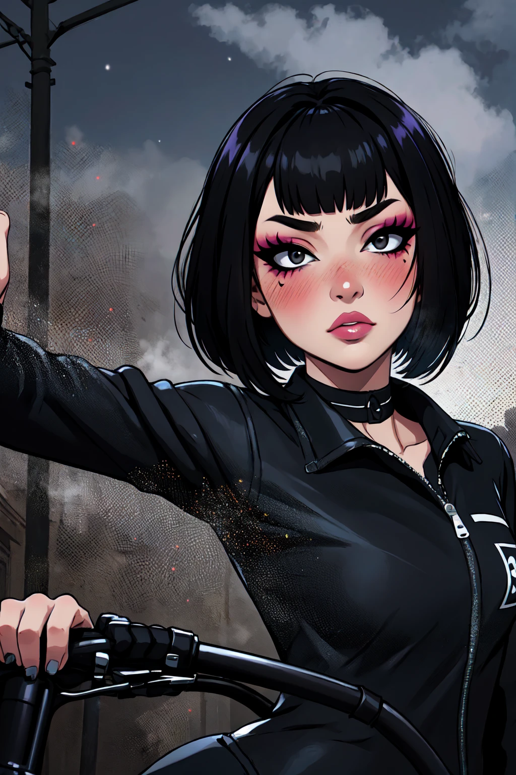 1girl, FengMin, solo, skinny, black eyes, asian eyes, eyeliner, looking at viewer, lips, black bob cut, black jacket, blunt bangs, blush, , driving on the motocicle, dinamic poses, whole body, face focus, outdoors, horror \(theme\), night, fog egirlmakeup,