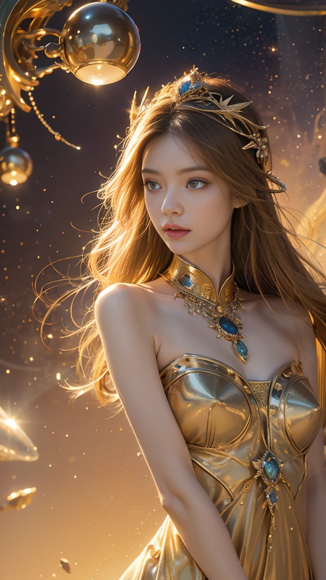 A girl wears a delicate metal headdress，It is decorated with precious stones，Dress with golden floral decoration，colored hair，Exquisite facial features，cosmic eye，unique（best quality，Super detailed and best illustration、best shade、masterpiece、high resolution、professional artwork、famous artwork：1.2）Surrealism、Light of Magic and Technology、flowing sparkling liquid、fast moving beam、Time-stretched particle behavior、fantasy background、technical background、fantasy、celestial body、concept art、radiation、Caustics、diffraction、epic composition image、Particle flight following scene lines，Best color quality，high resolutionmasterpiece，best quality，Extreme details，illustration，ultra high definition，Ultra-detailed，Super detailed，8K