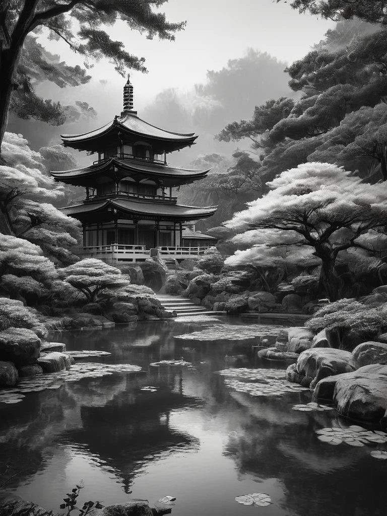 stunning black and white graphite sketch of Japanese temples in a Japanese garden, panoramic shot, in dynamic pose, by Anna Razumovskay, (by Alyssa Monks:1.1), by Joseph Lorusso, by Lilia Alvarado, beautiful lighting, sharp focus, 8k, high res, (pores:0.1), (sweaty:0.8), Masterpiece, Nikon Z9, Award - winning photograph, --ar 16:9 --style raw --stylize 750 --niji 6, perfect composition, beautiful detailed intricate insanely de