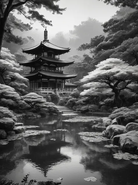 stunning black and white graphite sketch of Japanese temples in a Japanese garden, panoramic shot, in dynamic pose, by Anna Razu...